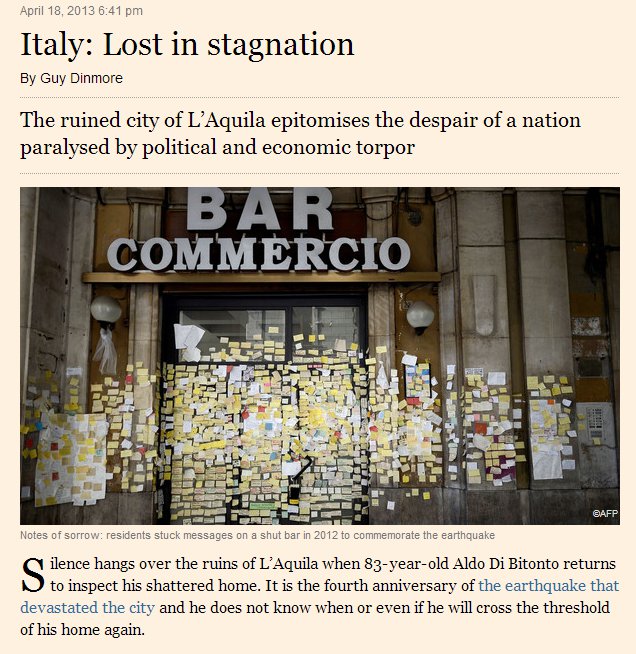 Financial Times: L’Aquila città simbolo della paralisi dell’Italia